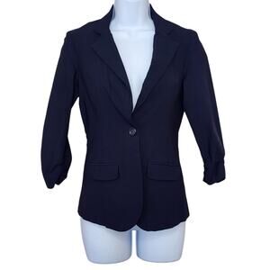 SOHO Apparel Womens Blazer Size S Navy Blue 1-Button 3/4 Ruched Sleeve Stretch